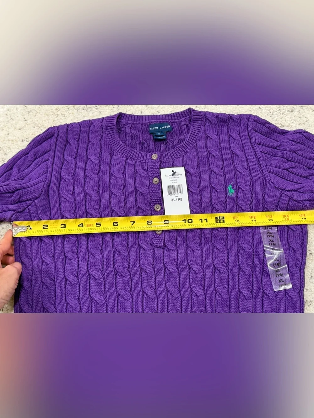 NWT Ralph Lauren Girls XL 16 Purple Cable Knit Henley Sweater Pony 100% Cotton